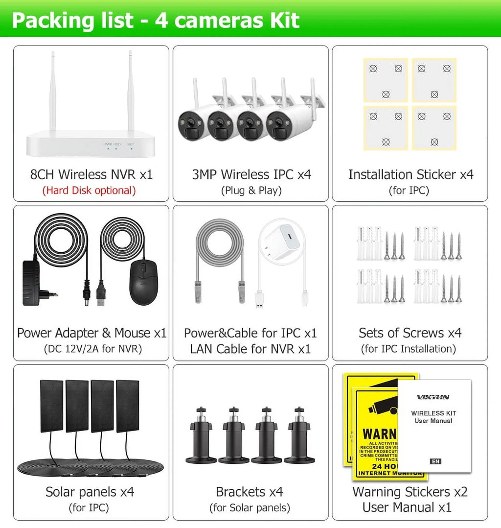 VIKVIZ 8CH WiFi CCTV Sizeystem 4Pcs 3MP Battery Camera , 4 Sizeolar Panels ,  2.5inch HDD Wireless NVR