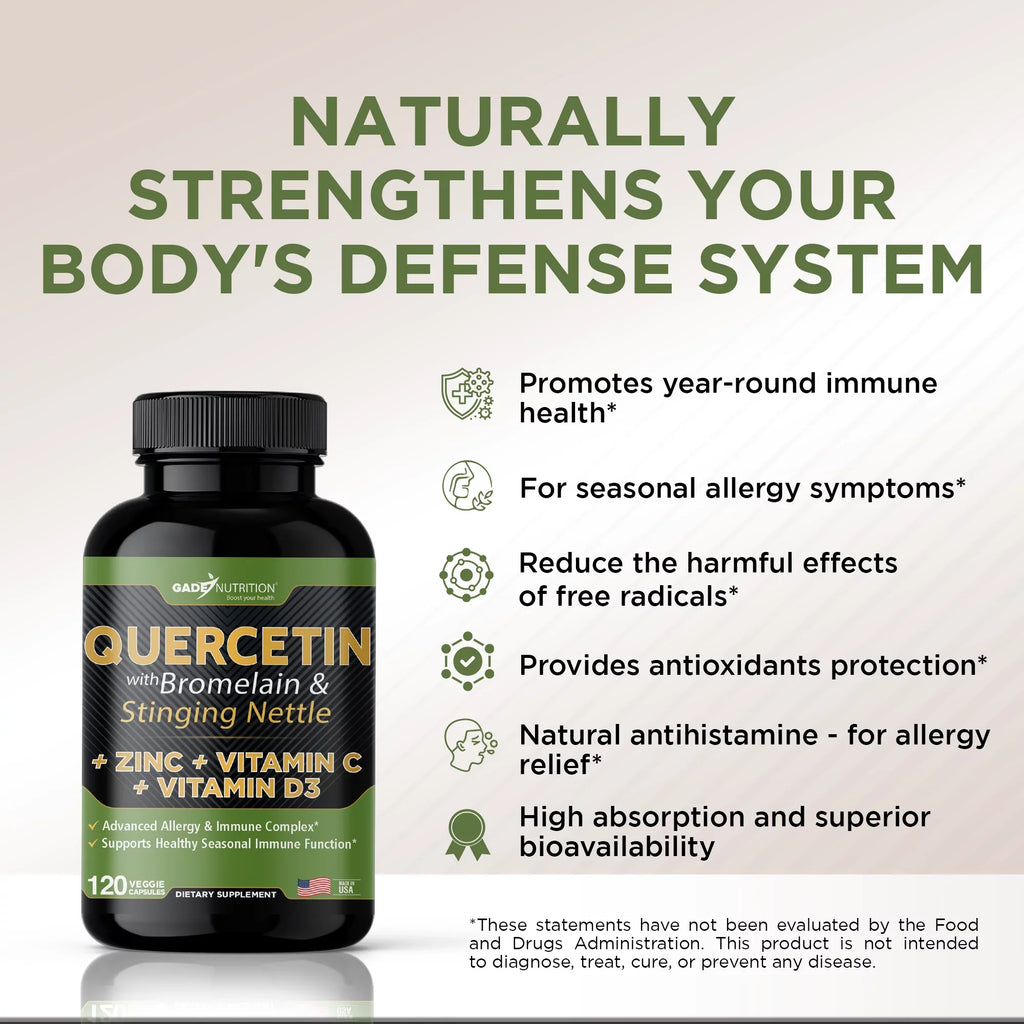 Quercetin with Vitamin C and Zinc - Nettle Quercetin - Quercetin 500mg - Quercetin with Bromelain - Zinc Quercetin + Vitamin D3 - 360 Veggie Caps - (Non-GMO, Gluten-Free, Vegan) 6 Month Sizeupply