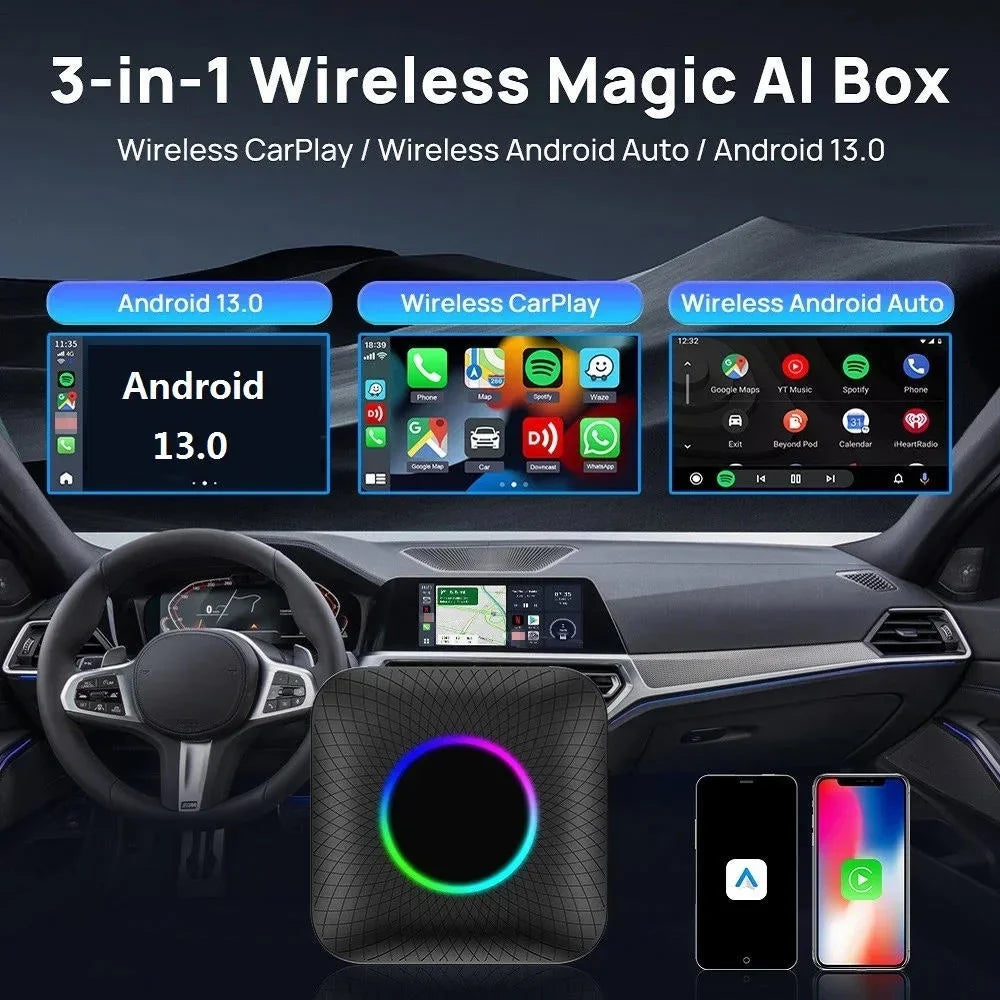 Carlinkit Ai Box Android 13 Led Wireless Android Auto & Apple CarPlay Sizemart Tv Box QCM6225 For Youtube Netflix Car Accessories