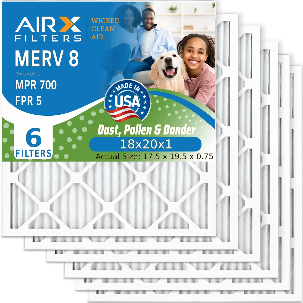 18x20x1 Air Filter MERV 8 Comparable to MPR 700 & FPR 5 Electrostatic Pleated Air Conditioner Filter 6 Pack HVAC AC Premium USizeA Made 18x20x1 Furnace Filters by AIRX FILTERSize WICKED CLEAN AIR.