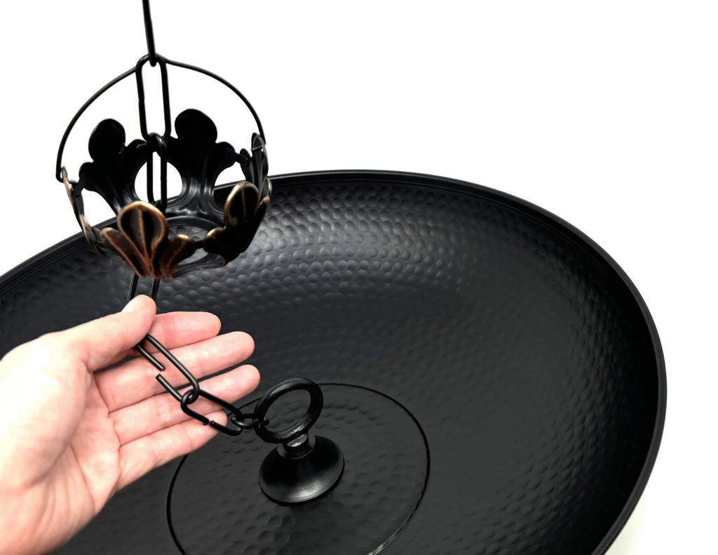 U-nitt Rain Chains 16" Anchoring Catch Basin/Receptacle/Bowl/Dish/Anchor, Black Powder Coated, Hammered, for Roof Gutter Rain Chain Installation, A Decorative Fountain, A Bird Bath/Birdbath, 976BLK