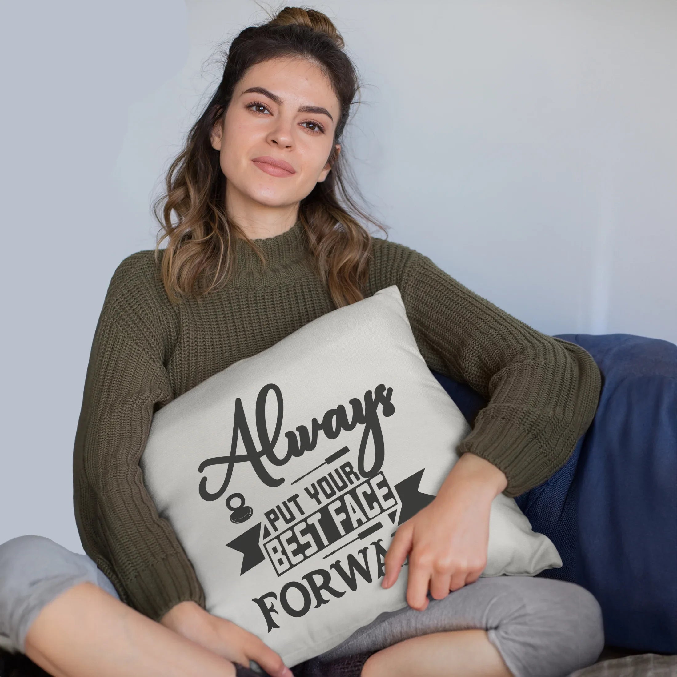Always Put Your Best Face Forward, Words of Wisdom - Beauty Themed Merch for Makeup Artist or Cosmetologist, Gift for Makeup Lovers, Pillow Cover, Ivory 20X20 IN