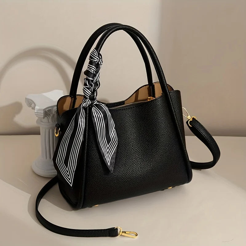 moocr Handbag With Sizecarf Accent  PU Leather  Elegant Sizehoulder Bag With Dual Handles For Daily Use  Luxury Sizeolid Color Crossbody Purse