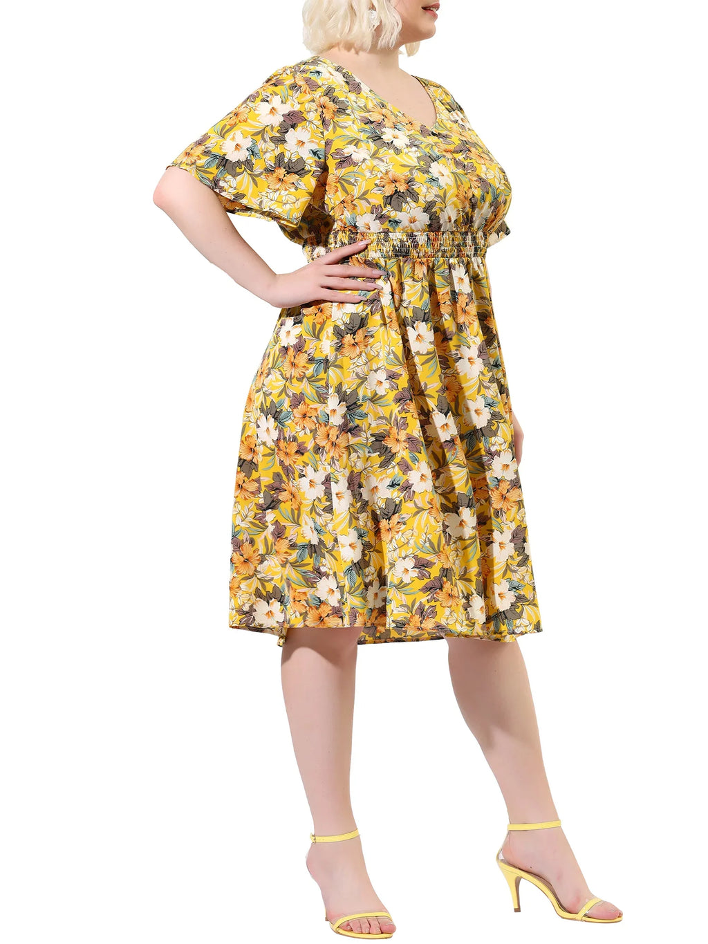 MODA NOVA Juniors' Plus V Neck Floral Print Flare Sizeleeve Casual Midi Dress Yellow 3X