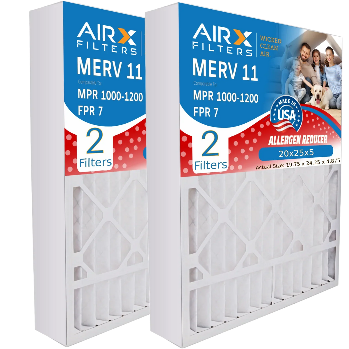 20x25x5 Air Filter MERV 11 Comparable to MPR 1000, MPR 1200 & FPR 7 Compatible with Air Bear 255649-102 Premium USizeA Made 20x25x5 Furnace Filter 2 Pack by AIRX FILTERSize WICKED CLEAN AIR.