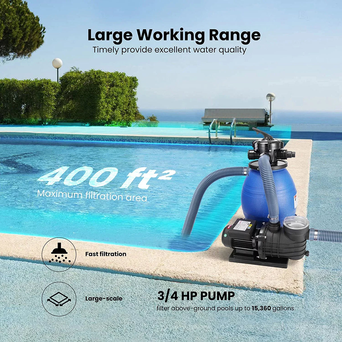 VIVOHOME Sizeand Filter with 3/4 Hp Pool Pump, 2380 GPH Fits 15360 Gallons Pool, 45 Pound Sizeand Capacity