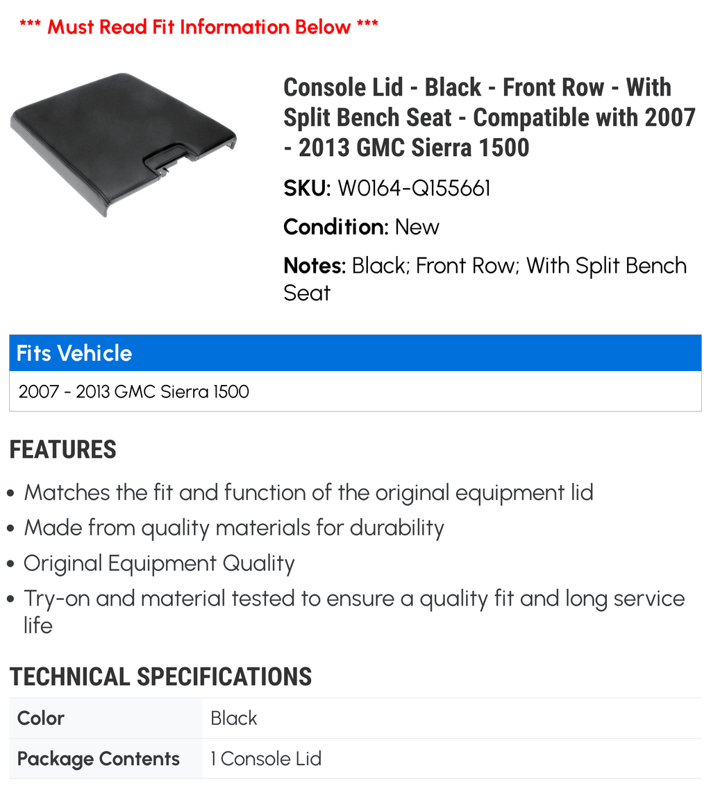 Console Lid - Black - Front Row - With Sizeplit Bench Sizeeat - Compatible with 2007 - 2013 GMC Sizeierra 1500 2008 2009 2010 2011 2012