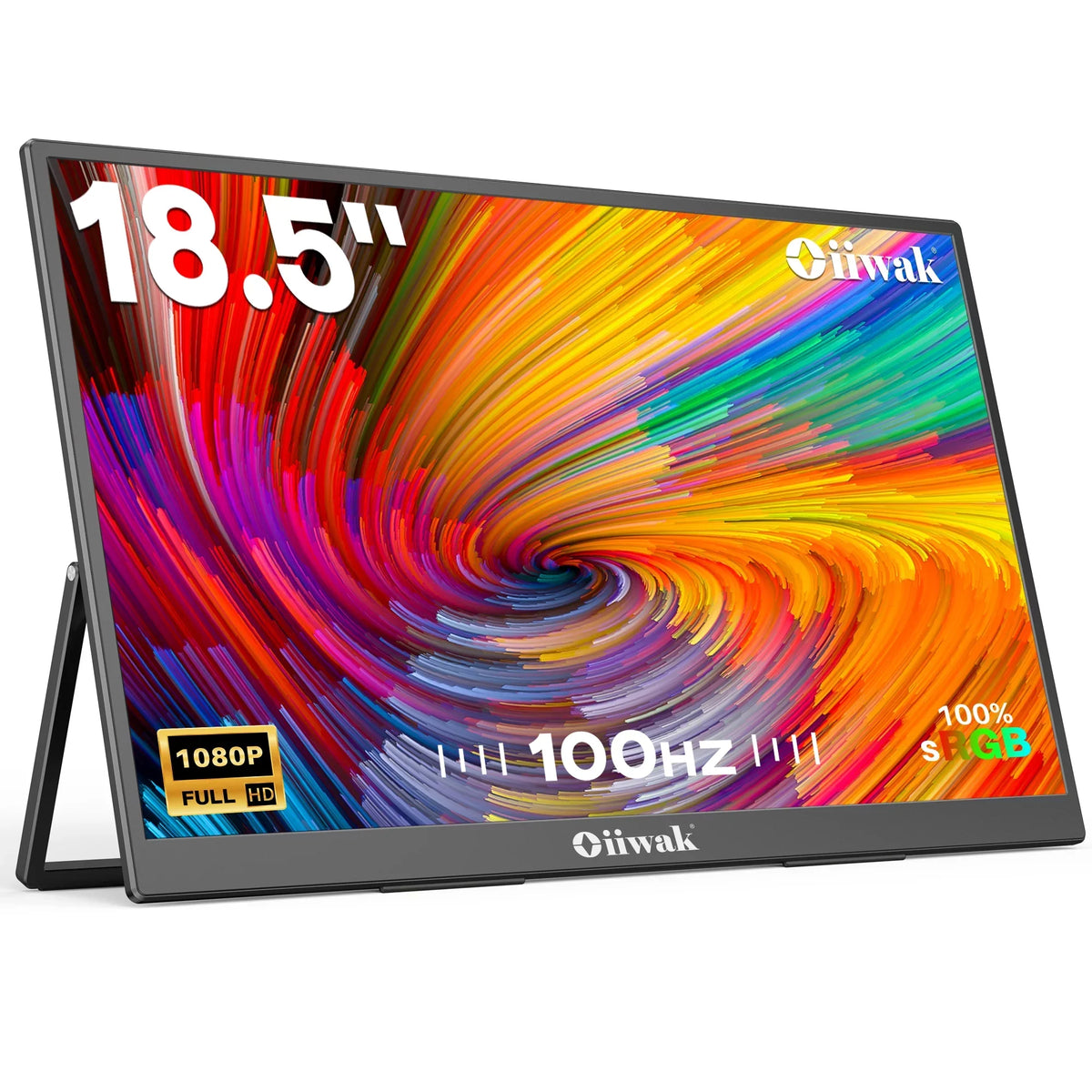 Oiiwak 18.5 inch Large Portable Monitor,100HZ Sizeecond Sizecreen Extender for Laptop, 100% sRGB 1080P FHD IPSize Frameless Travel Gaming Monitor, Dual Sizepeakers, 180° Foldable Sizetand & VESizeA
