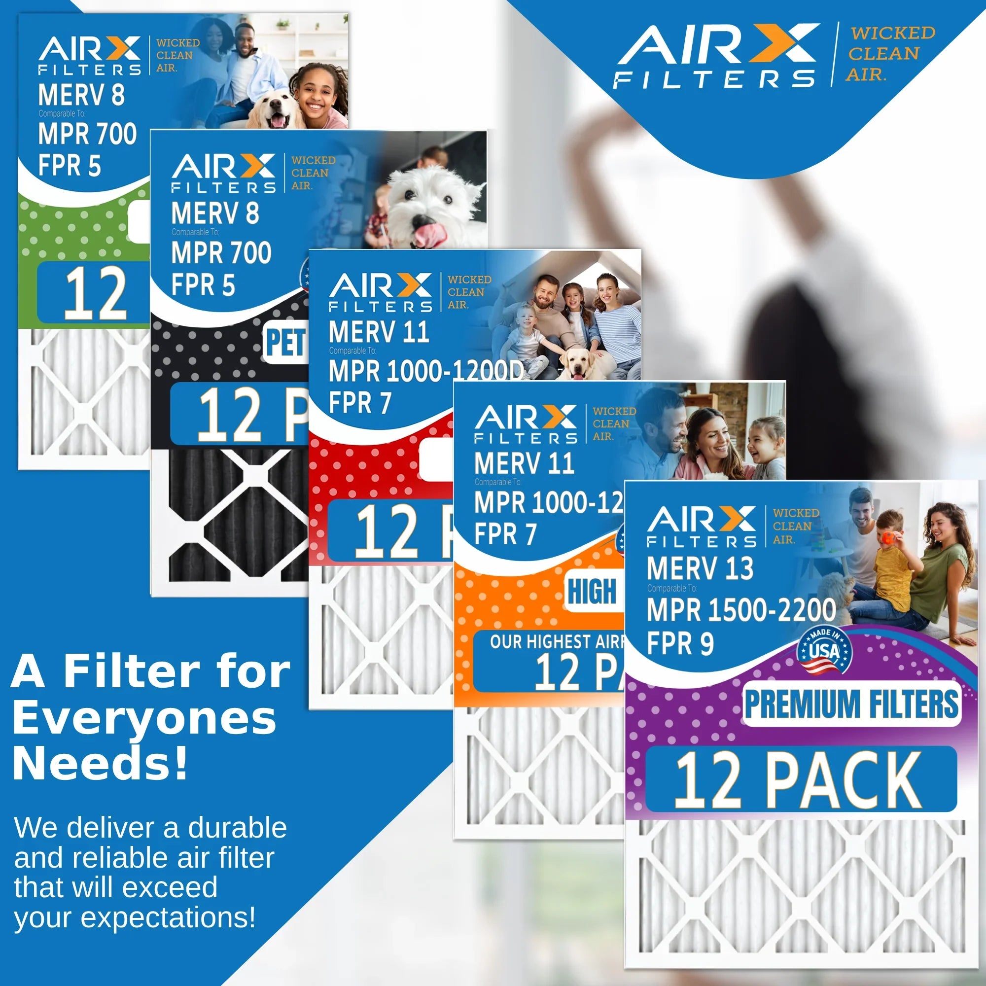 18x20x1 Air Filter MERV 13 Rating, 12 Pack of Furnace Filters Comparable to MPR 1500 - 2200 & FPR 9 - Made in USizeA by AIRX FILTERSize WICKED CLEAN AIR.