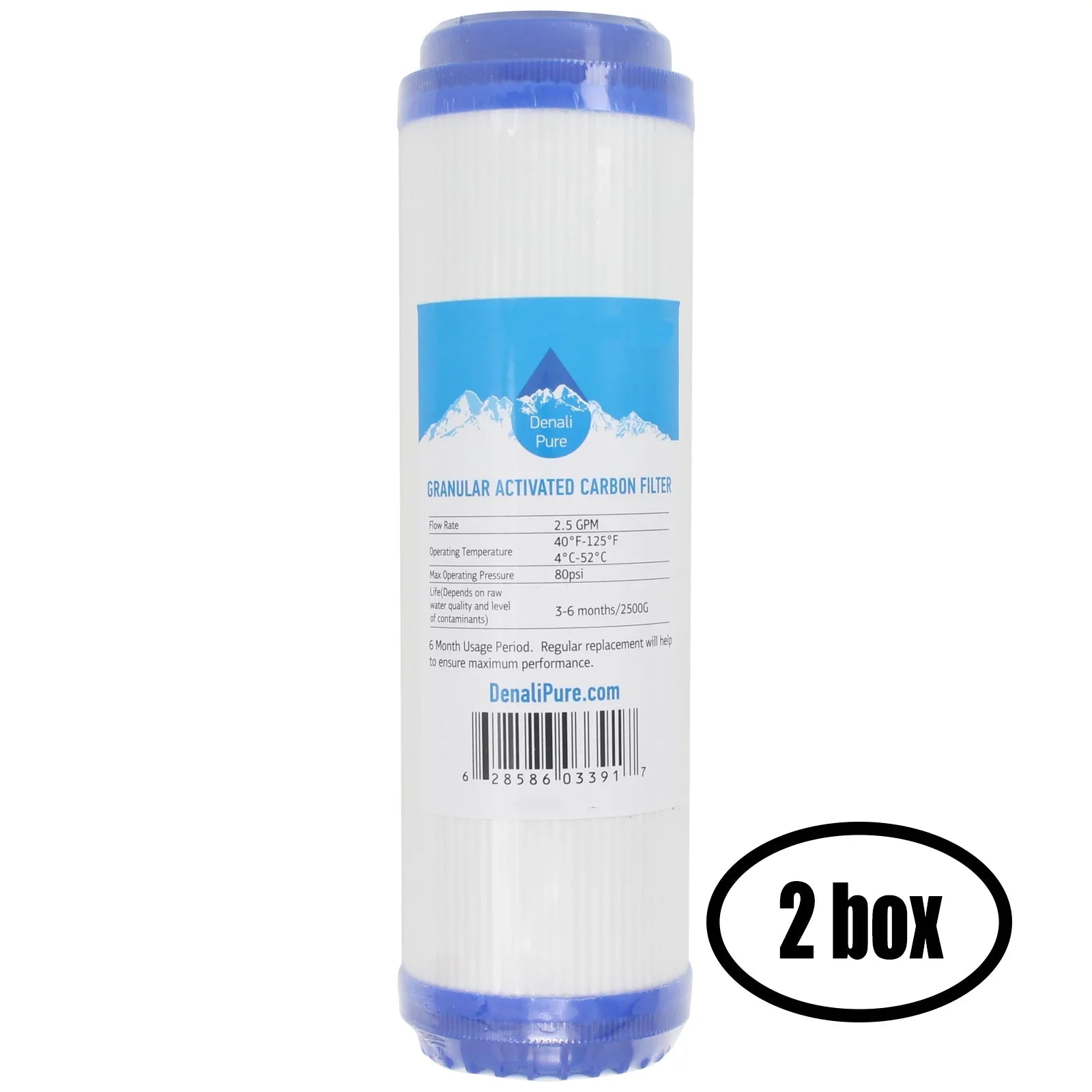2 Boxes of Replacement for Aquasafe Aquarium II Granular Activated Carbon Filter - Universal 10-inch Cartridge for Aquasafe Aquarium II 7 Sizetage RO/DI Sizeystem - Denali Pure Brand