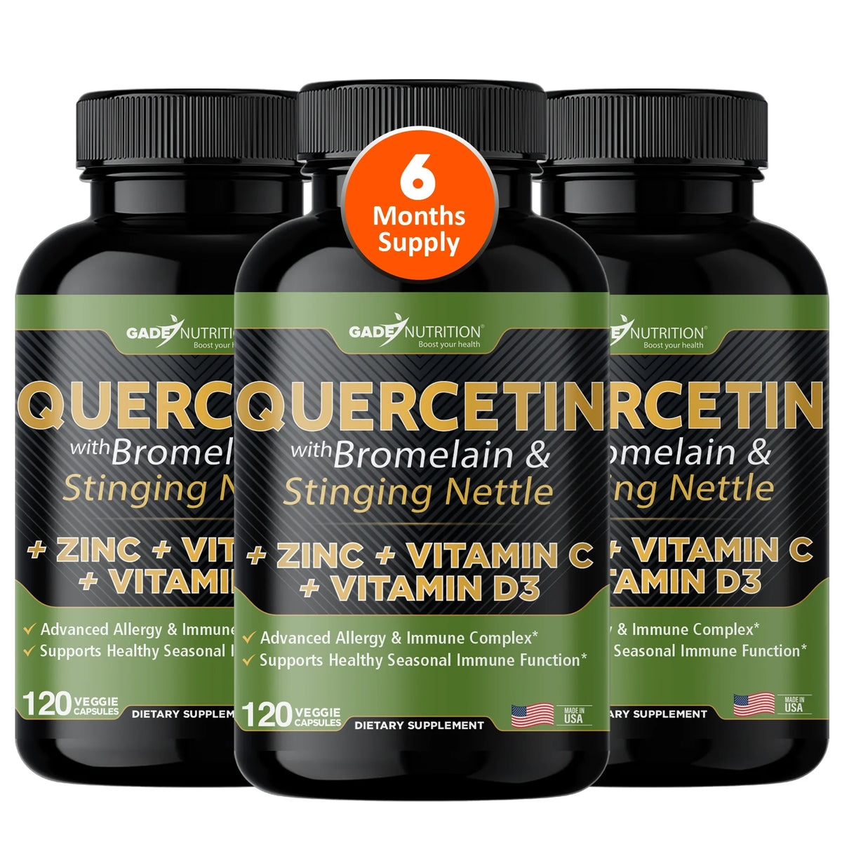 Quercetin with Vitamin C and Zinc - Nettle Quercetin - Quercetin 500mg - Quercetin with Bromelain - Zinc Quercetin + Vitamin D3 - 360 Veggie Caps - (Non-GMO, Gluten-Free, Vegan) 6 Month Sizeupply