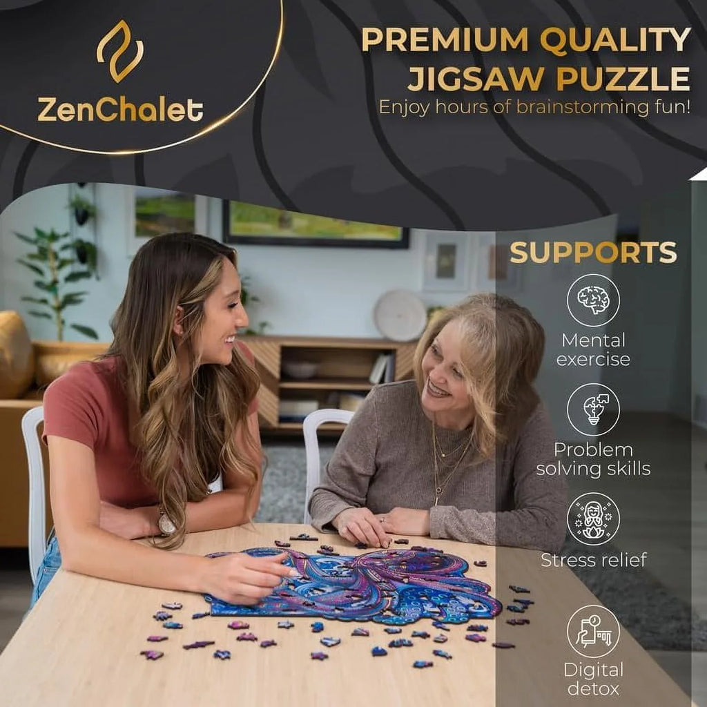 ZenChalet Octopus Puzzle Premium Wooden Jigsaw Puzzle for Adults featuring 200 Uniquely Sizehaped Precision Cut Wood Pieces