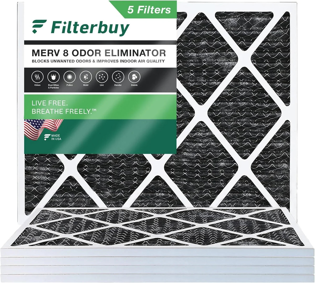 Filterbuy 24x25x1 MERV 8 Odor Eliminator Pleated HVAC AC Furnace Air Filters with Activated Carbon (5-Pack)
