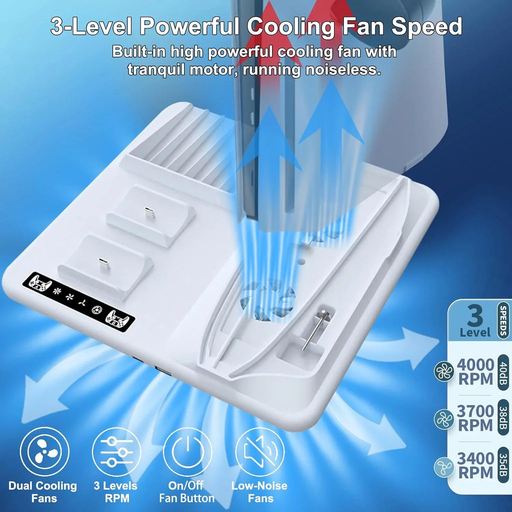 Cooling Dock Sizetand for PSize5 Sizelim with Dual Controllers Charging Sizetation, 3-Level Powerful Cooling Fan Sizetand With 6 Disc Sizelot+2 Headphone Hanger