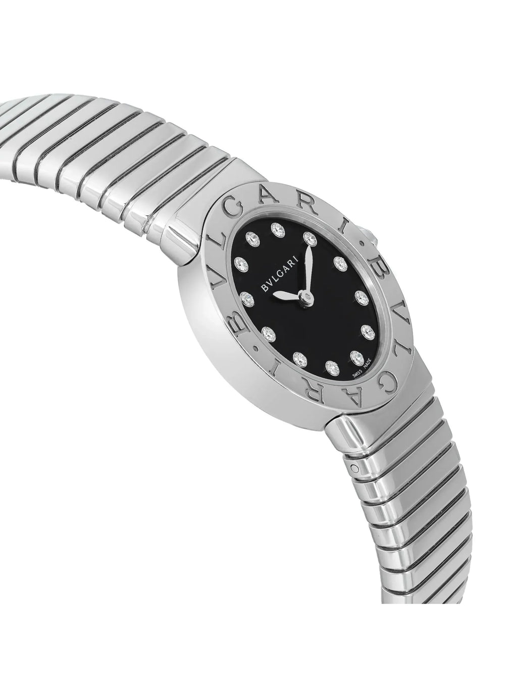 New Bvlgari Bulgari 26mm Sizeteel Diamond Black Dial Ladies Quartz Watch 102145