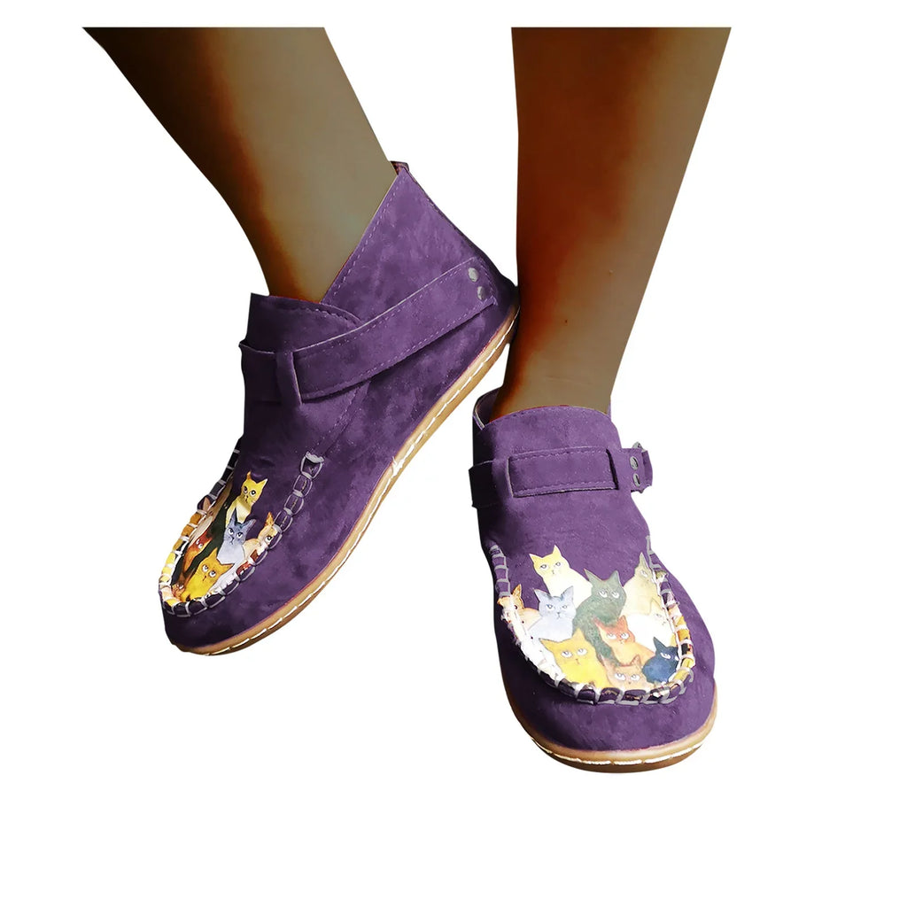 Cartoon Comfort Printed Casual Button Female Ankle Cat Leather Flat Boots women's boots