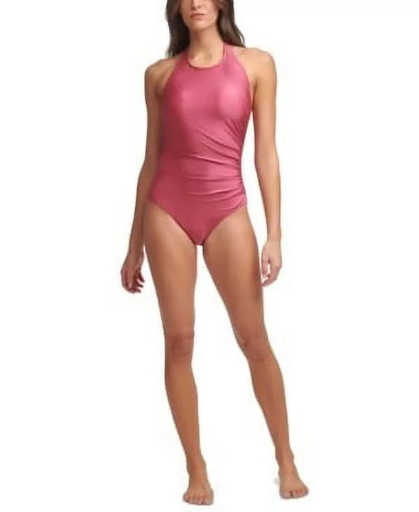 Calvin Klein CARMINE SizeHIMMER High-Neck Halter One-Piece Sizewimsuit, USize 18