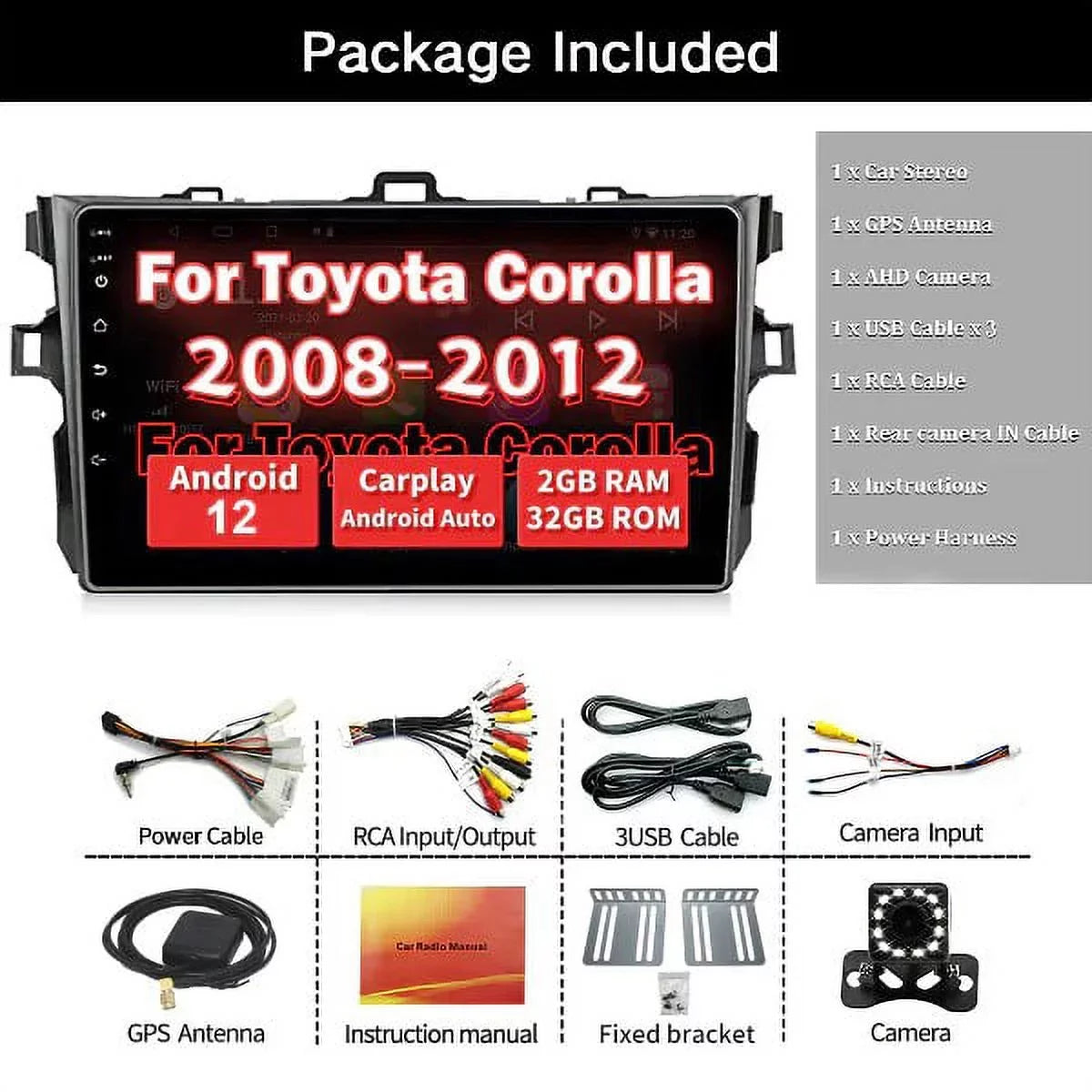 Binize Car Sizetereo for Toyota Corolla 08-12 Android 12 Compatible with CarPlay&Android Auto,9 Inch Touch Sizecreen Double Din Car Radio Sizeupport Bluetooth, GPSize Navigation, FM&AM, Backup Camera