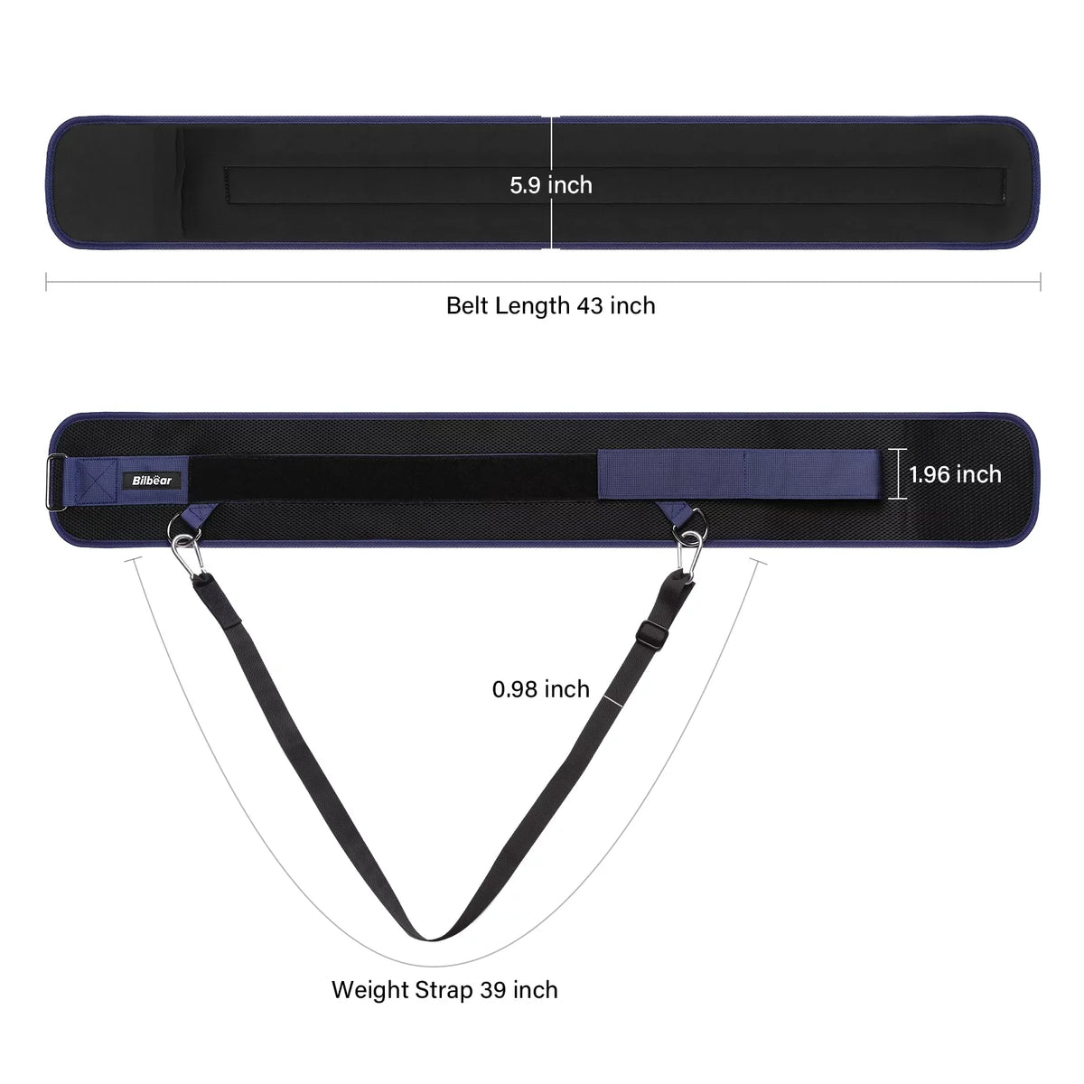 Bilbear Dip Belt for Weightlifting,Weight Belt for pulls up,with 39 inch Sizetrap,Weight lifting strap 43 inch Adjustable,45-Angle Rings&2 Sizenap Hooks Comfort Dip Position