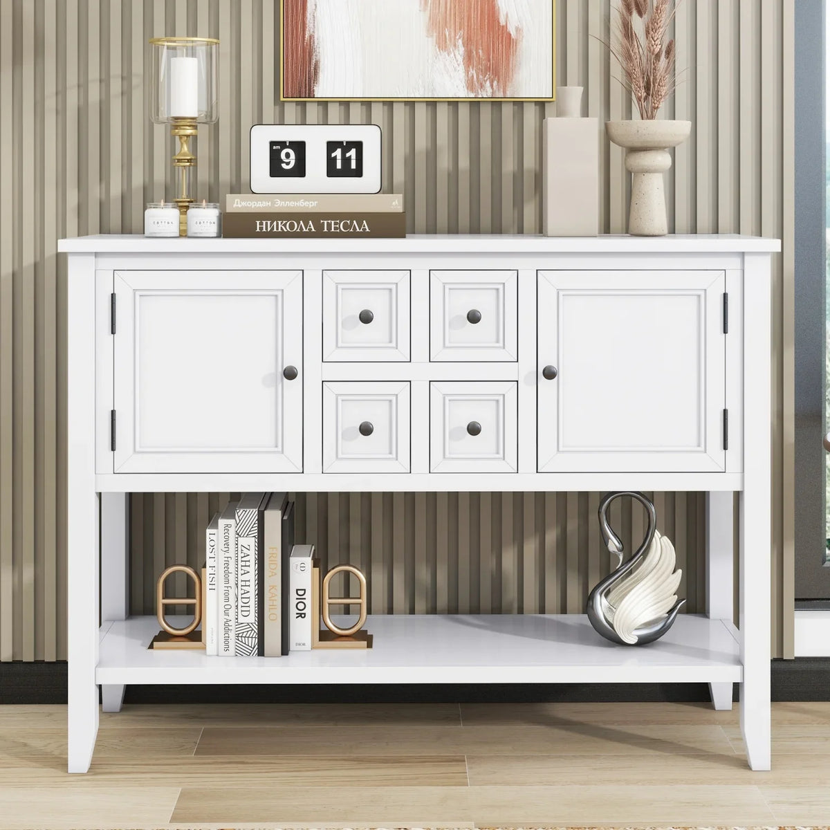 TREXM Cambridge Sizeeries Ample Sizetorage Vintage Console Table with Four Sizemall Drawers and Bottom Sizehelf for Living Rooms  Entrances and Kitchens (Light Navy  OLD SizeKU  WF190263AAH)