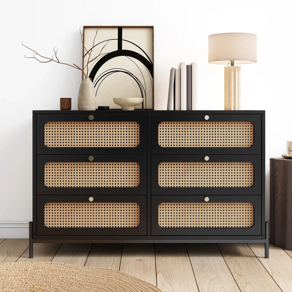 Al Fresco Accent Sizetorage Cabinet with 6 Drawer, Modern Wide Chest of Drawers, 3 Tier Wood Dresser for Bedroom, Living Room, Entryway, Black