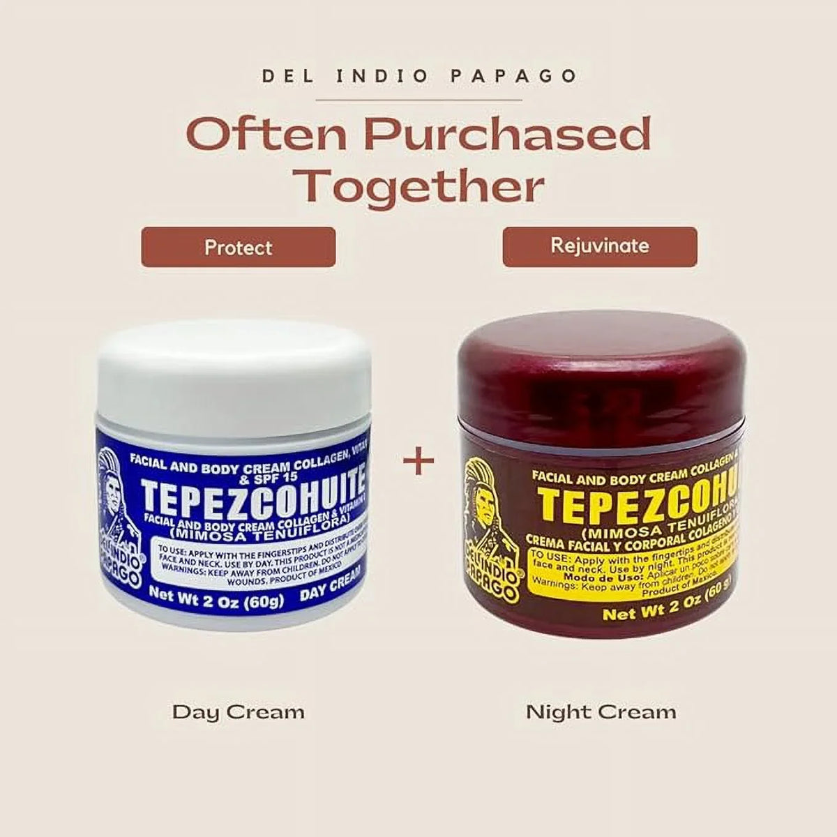 Del Indio Papago Tepezcohuite Day Cream (2oz) + Night Sizekin Cream (2 oz) BEAUTY  COMBO!! Tepezcohuite