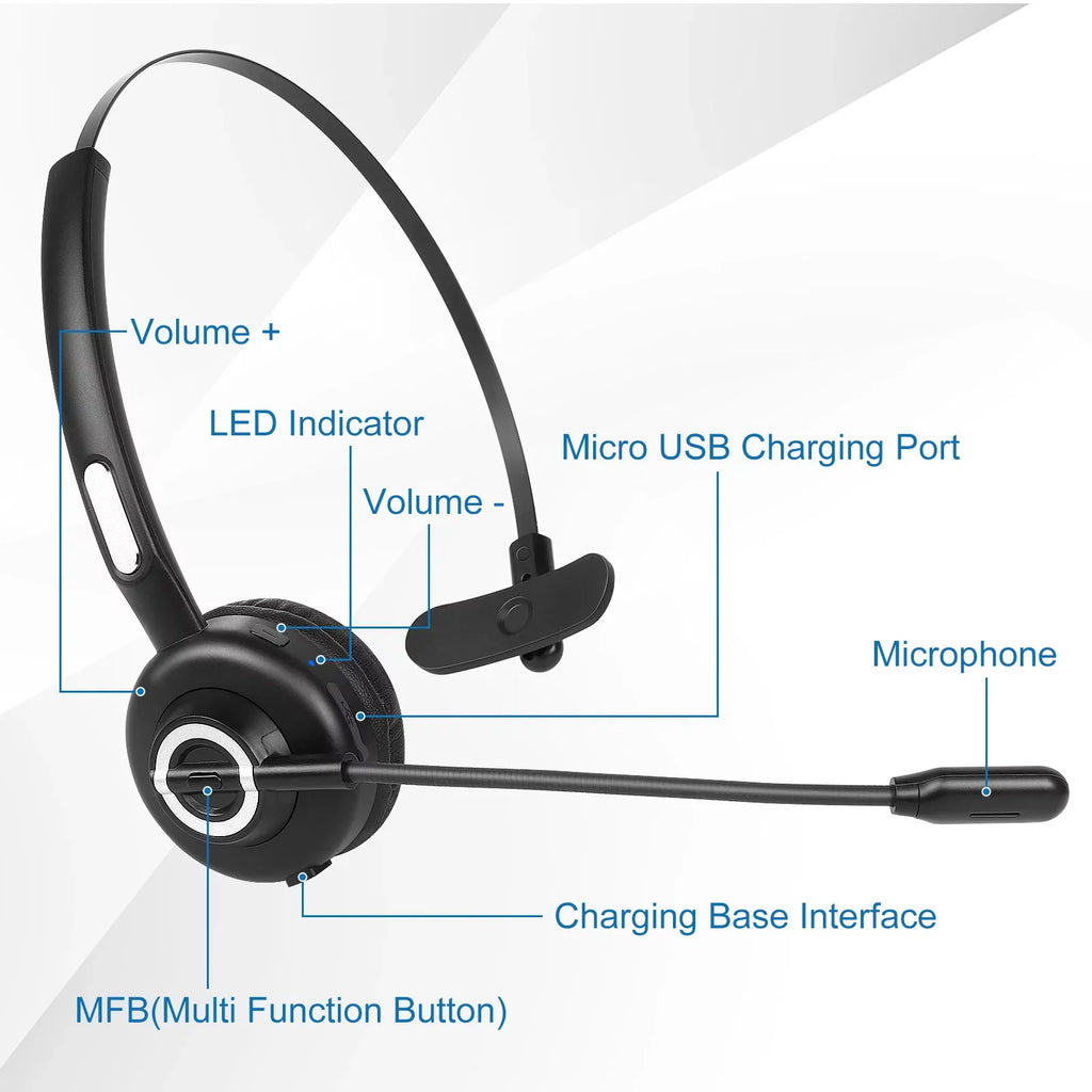 Cozy Bluetooth Headset, UX-M97 Wireless Headset with Microphone, Wireless Cell Phone Headset with Noise Isolation Mic Charging Base Mute Function for Oppo F9 (F9 Pro) With Charging Dock
