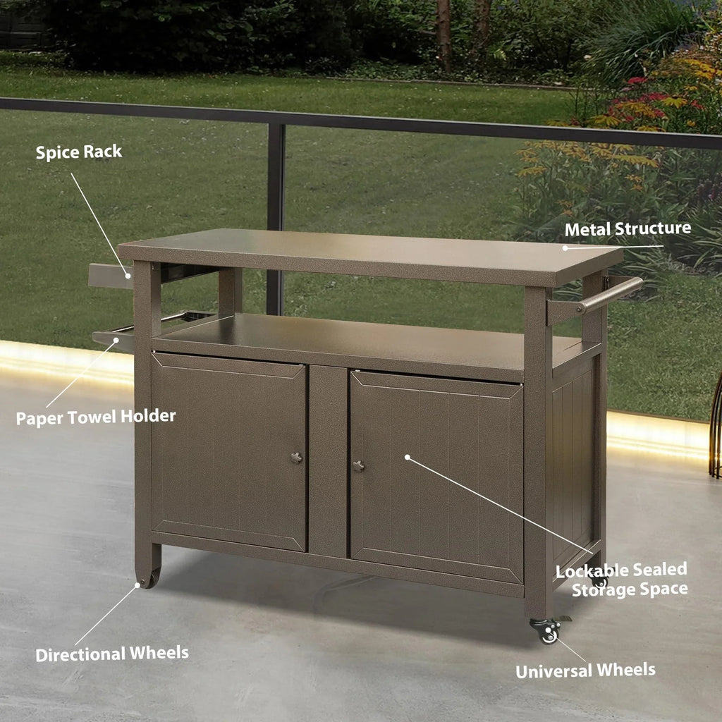 CoSizeoTower Grill Carts Outdoor Sizetorage Cabinet with Wheels, Metal Outdoor Grill Table Kitchen Dining Table Cooking Prep BBQ Table for Patio, Kitchen Island, Home Party, Bar (Brown)