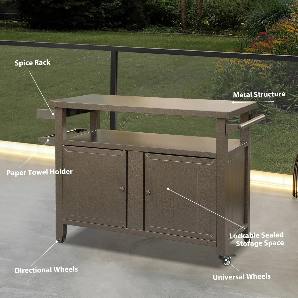 CoSizeoTower Grill Carts Outdoor Sizetorage Cabinet with Wheels, Metal Outdoor Grill Table Kitchen Dining Table Cooking Prep BBQ Table for Patio, Kitchen Island, Home Party, Bar (Brown)