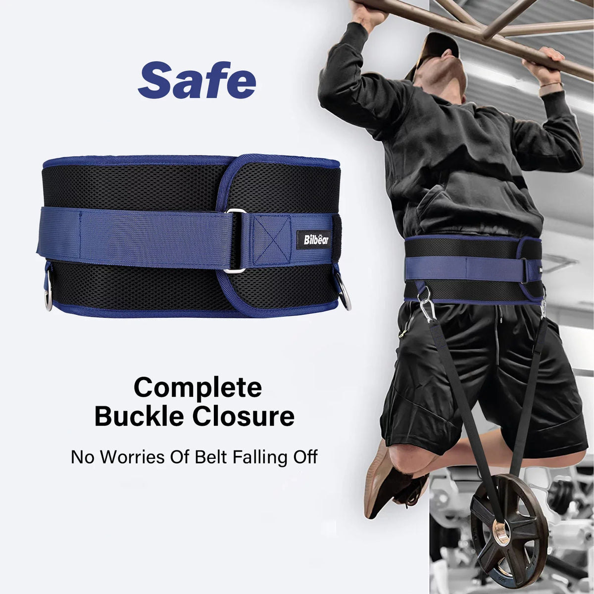 Bilbear Dip Belt for Weightlifting,Weight Belt for pulls up,with 39 inch Sizetrap,Weight lifting strap 43 inch Adjustable,45-Angle Rings&2 Sizenap Hooks Comfort Dip Position