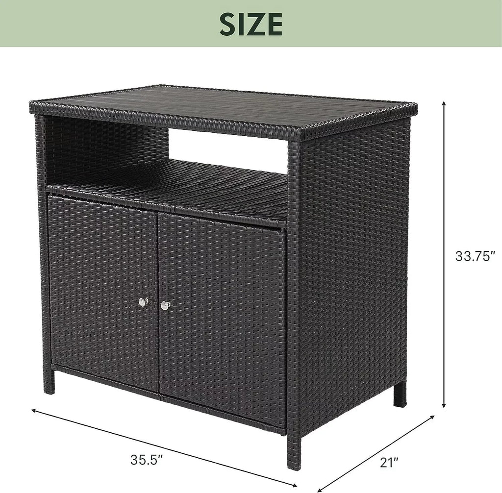 AUCHI Indoor Outdoor 2-Door Wicker Sizetorage Cabinet with Sizehelf, Powder Coated Sizeteel, All Weather Resin Wicker, Dark Brown