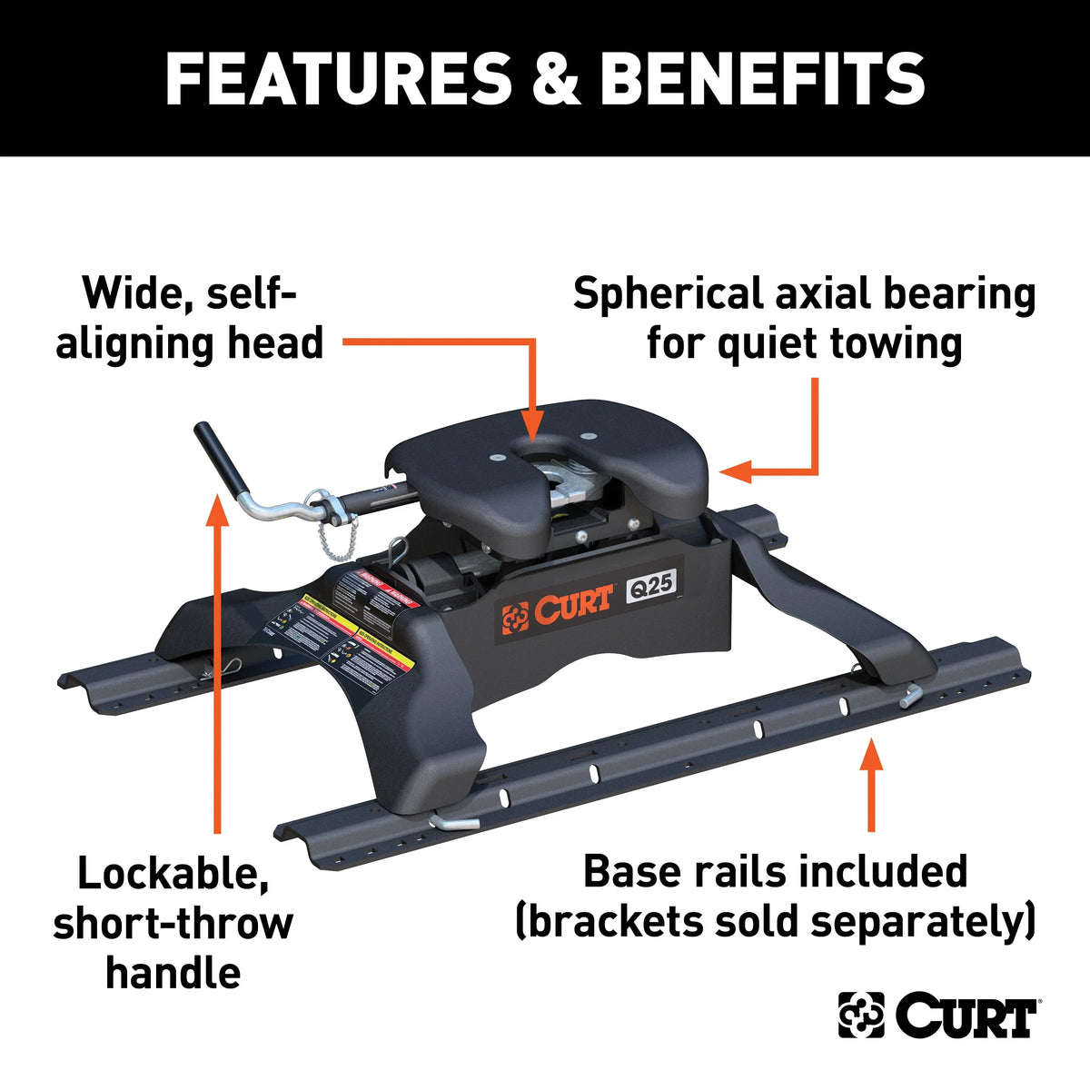 CURT 16266 Q25 5th Wheel Hitch with Base Rails, 25,000 lbs