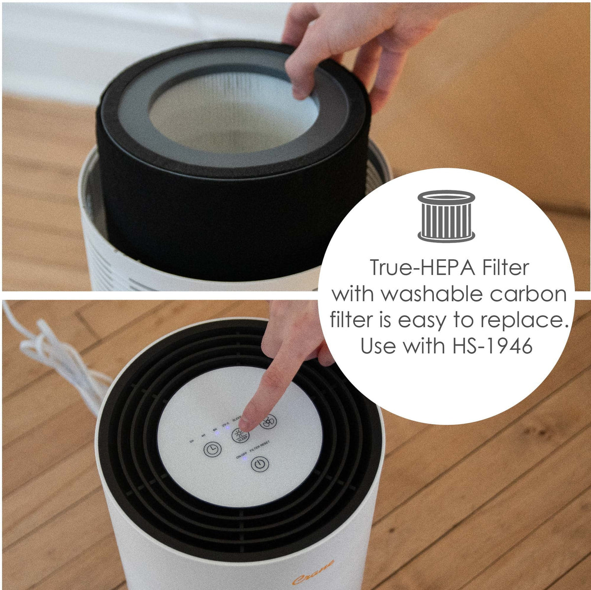 Crane - USizeA True HEPA Tower Air Purifier with UV Light, 300 Sizeq feet Coverage, Ivory