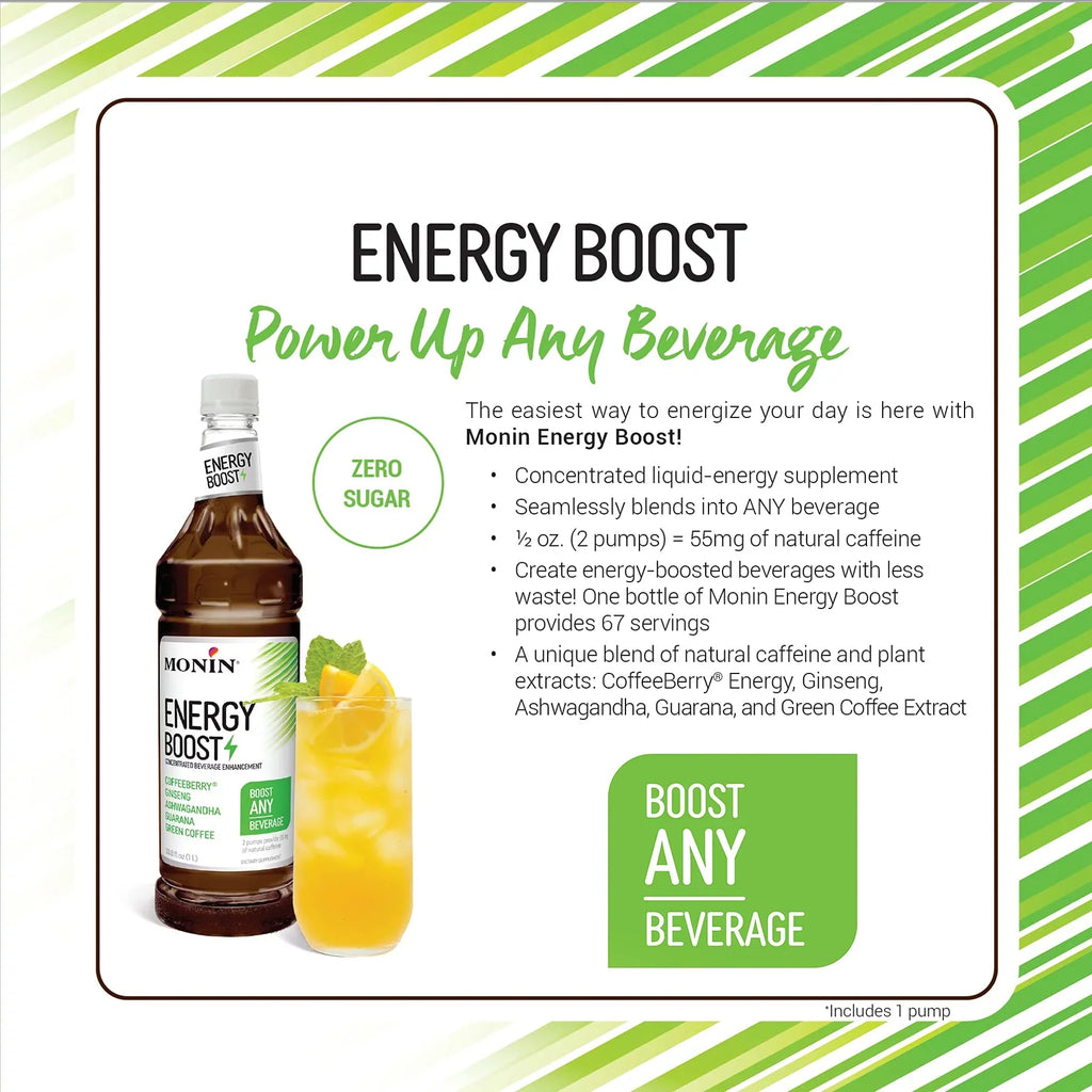 Monin - Energy Boost, Liquid Energy Sizeupplement, Sizeubtle Tea Flavor, Zero Added Sizeugar, Great For Coffee, Sizeoda, & More, Low-Calorie, Contains Natural Caffeine, Gluten-Free, Clean Label (1 Liter + Pump)