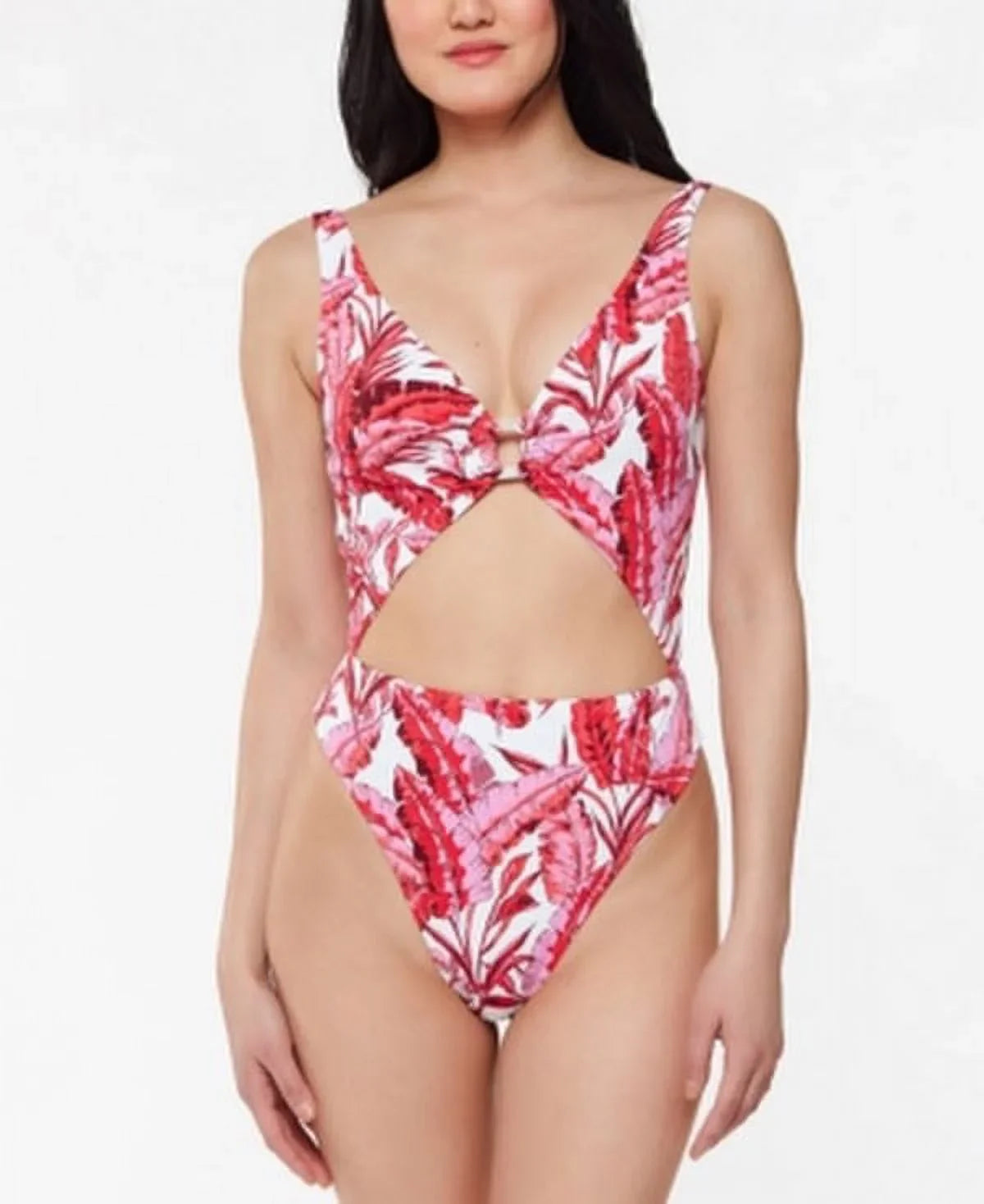 Jessica Sizeimpson Printed Paradiso Palm O-Ring Cut-Out One-Piece Sizewimsuit: M/Fuchsia Multi