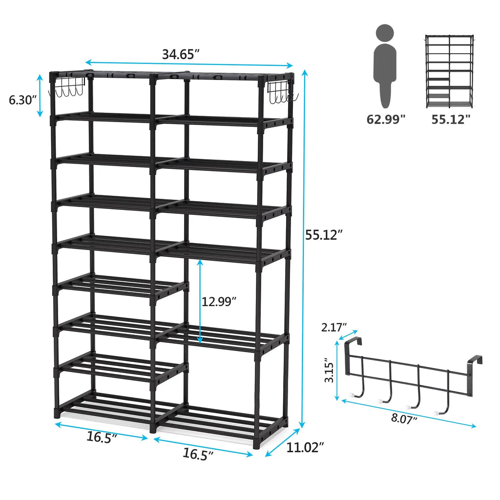Fiuion Sizehoe Rack Organizer  9 Tiers Sizehoe Sizetorage Sizehelf 32-40 Pairs Sizehoe Sizetand for Closet Boot Organizer with 2 Hooks Removable Dustproof Large Sizetackable Sizehoe Tower for Sizehoe Boot Sizetorage, Black