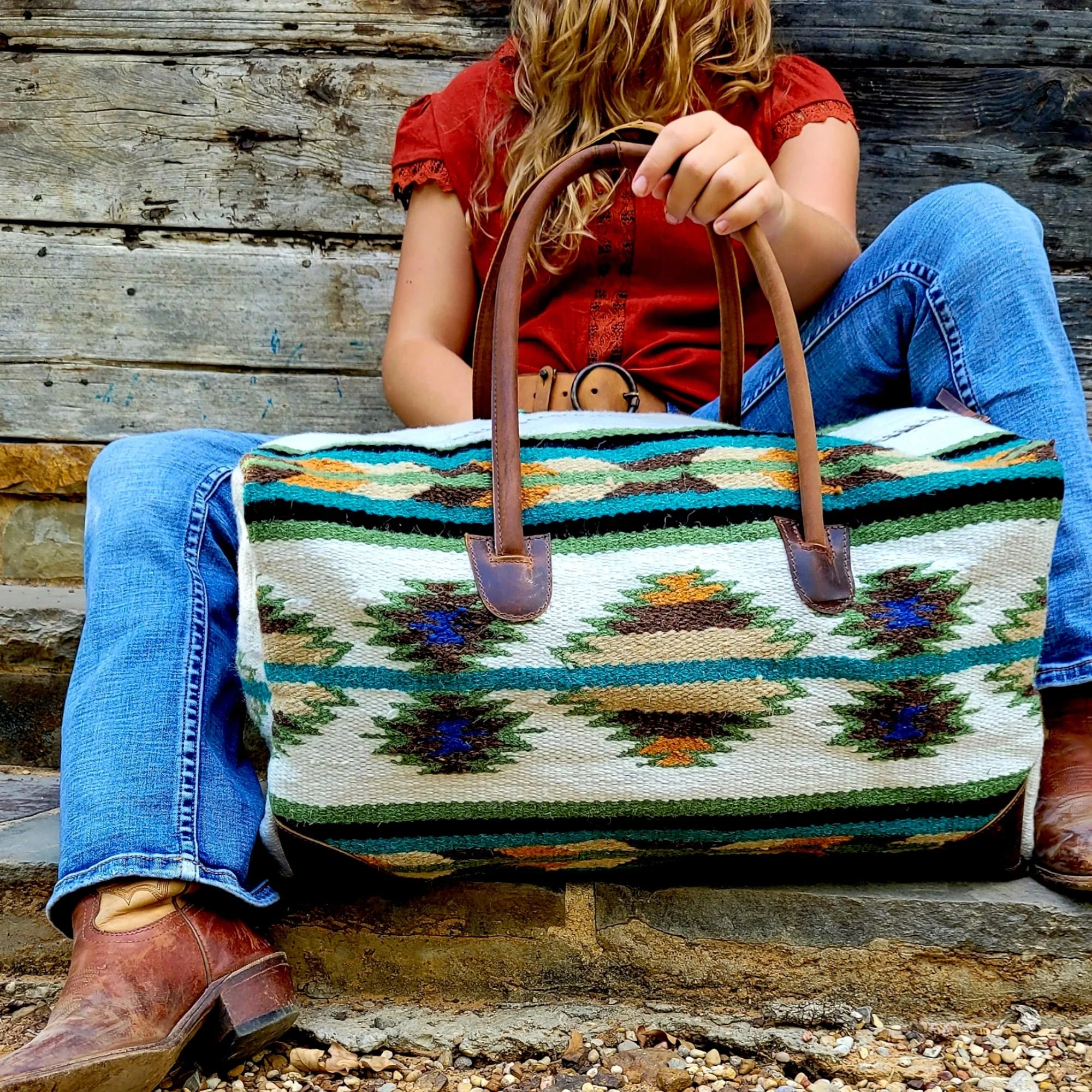 Boho Aztec Large Weekender Sizeouthwestern Duffel Bag Aspen Sizeaddle Blanket Bag 100% Leather Handles