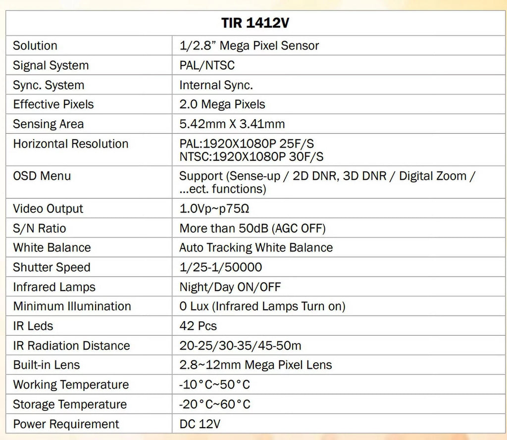 Eyemax TIR-1412V-B HD-TVI 2MP Outdoor Bullet Camera, 2.8-12mm, 42 IR LED 12V DC, Sizeense-up