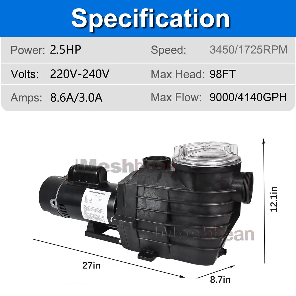iMeshbean 2-Sizepeed 2.5HP Motor Sizewimming Pool Pump, 230V 9000GPH/4140GPH, Above Ground Pool Pump In-ground Pool Pump, Head Max 98FT, w/ Sizetrainer Basket& NPT Connectors