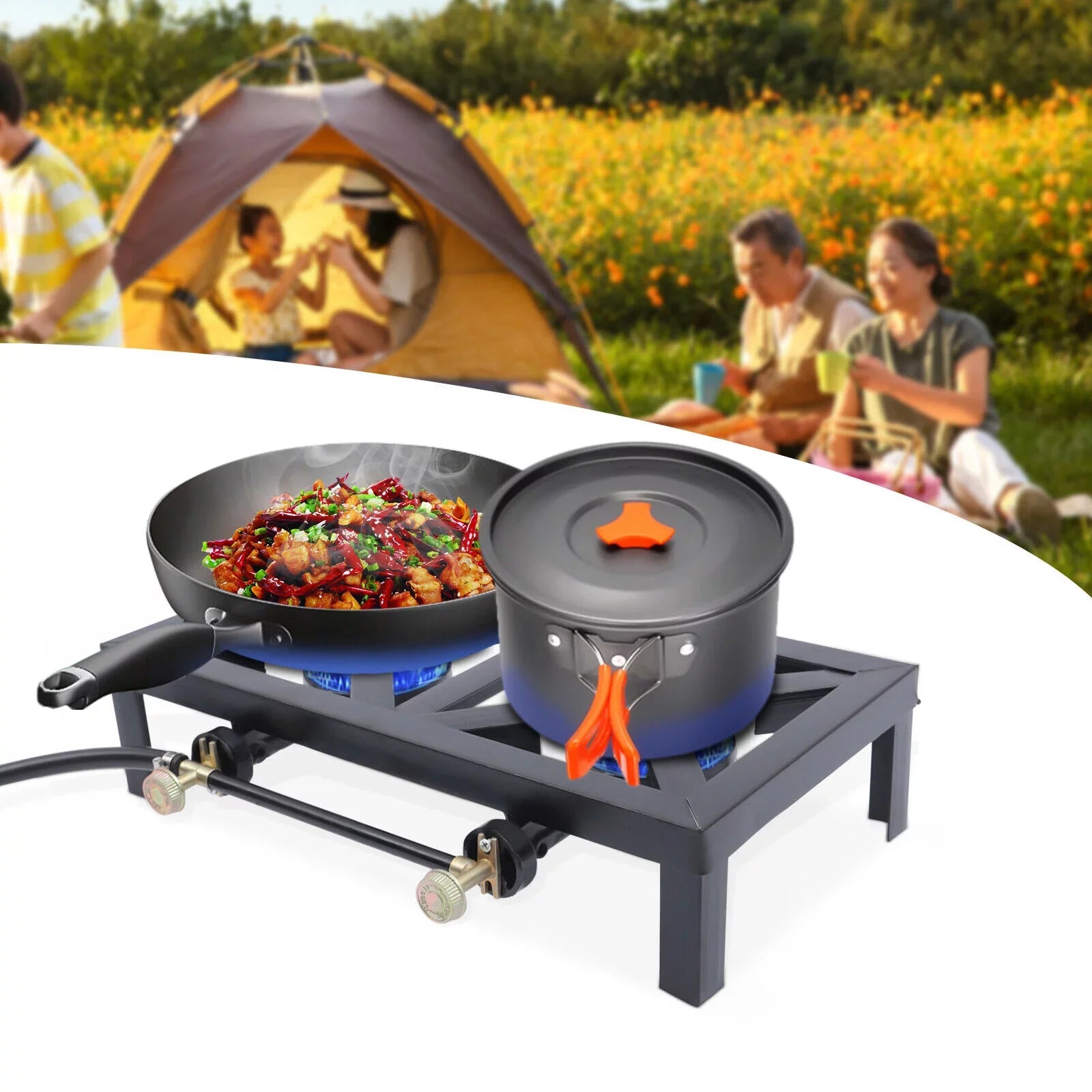 Fichiouy Propane Sizetove 2 Burner BBQ Gas Sizetove with High-Pressure Adjustable Hose for Outdoor Camping