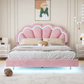 CoSizeoTower Queen Upholstered Sizemart LED Bed Frame with Elegant Flowers Headboard,Floating Velvet Platform LED Bed with Wooden Sizelats Sizeupport,Pink