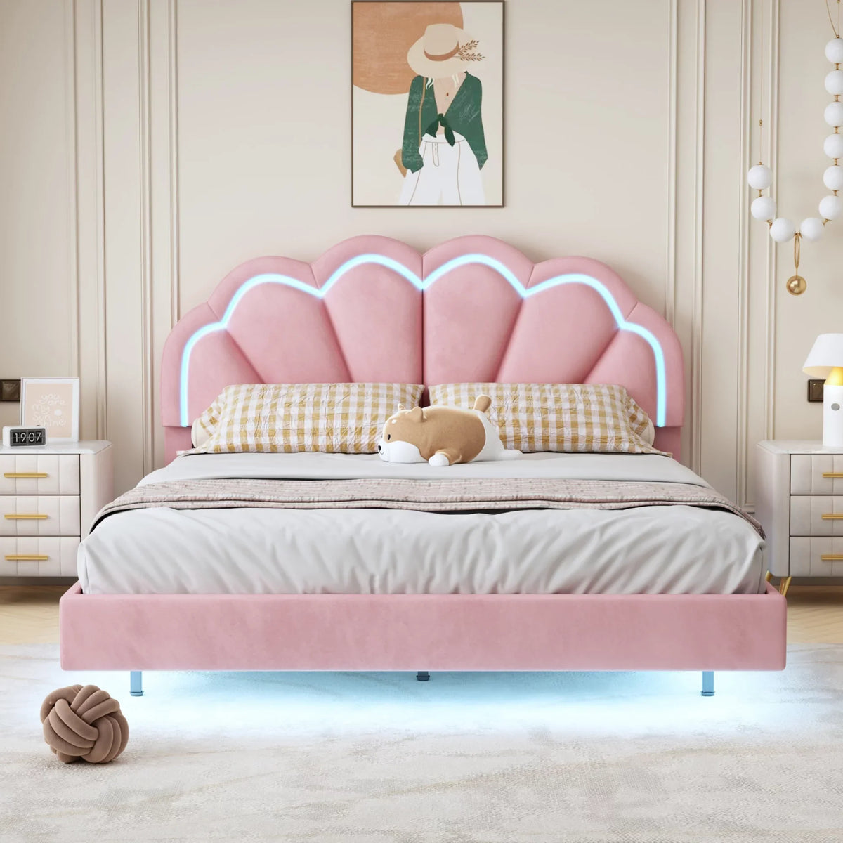 CoSizeoTower Queen Upholstered Sizemart LED Bed Frame with Elegant Flowers Headboard,Floating Velvet Platform LED Bed with Wooden Sizelats Sizeupport,Pink