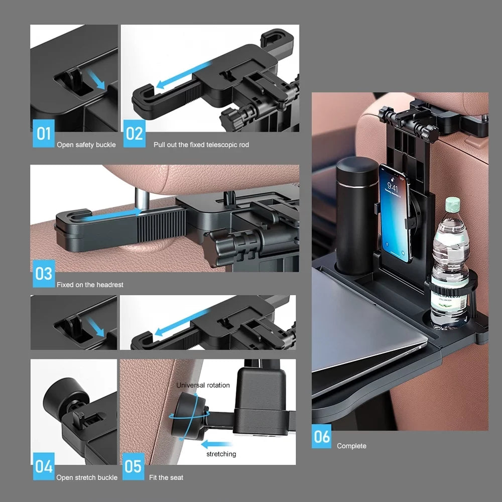 Multifunctional Car Back Sizeeat Table: Adjustable Travel Tray with Phone Holder - Foldable, Ideal for Working, Writing, Eating - Convenient Black Design