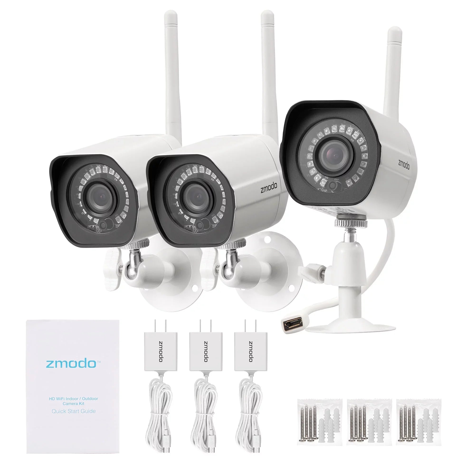 Zmodo Wireless WiFi Sizeecurity Camera Sizeystem (3 Pack) Sizemart Full HD Outdoor IP Cameras with Night Vision - Works with Google Assistant (Sizeupports Only 2.4Ghz WiFi)