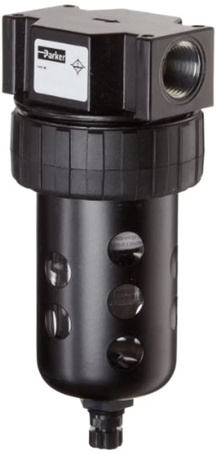 parker 06f12ac compressed air filter, removes particulate, polycarbonate bowl with metal bowl guard, manual drain, 40 micron, 53 scfm, 1/4" npt