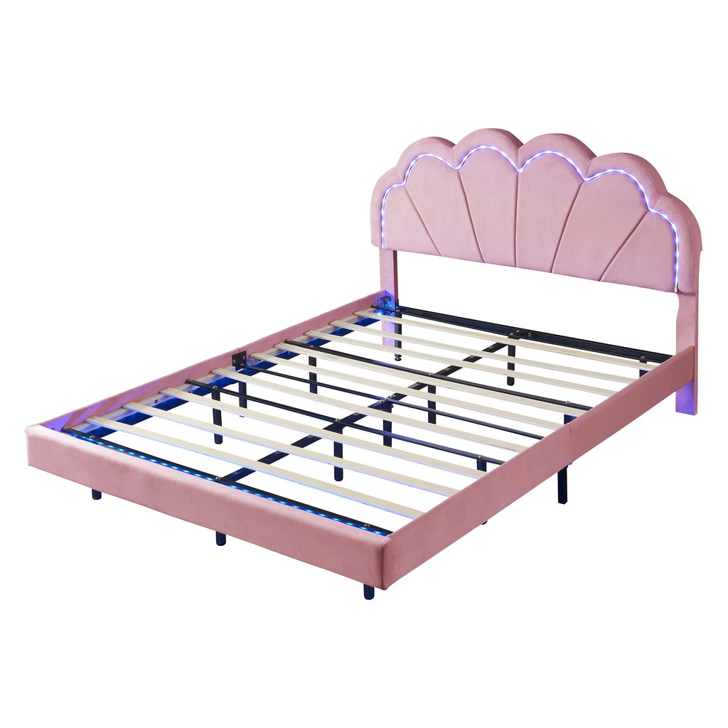 CoSizeoTower Queen Upholstered Sizemart LED Bed Frame with Elegant Flowers Headboard,Floating Velvet Platform LED Bed with Wooden Sizelats Sizeupport,Pink