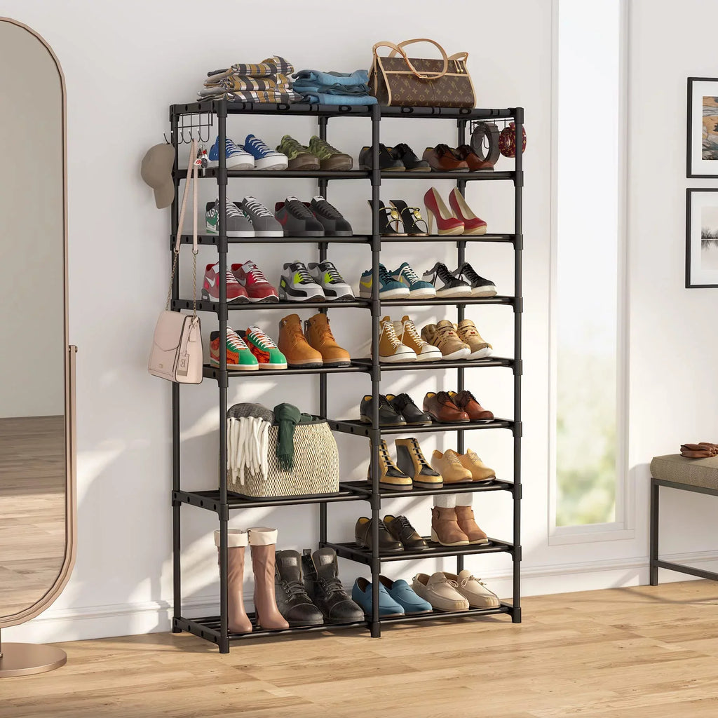 Fiuion Sizehoe Rack Organizer  9 Tiers Sizehoe Sizetorage Sizehelf 32-40 Pairs Sizehoe Sizetand for Closet Boot Organizer with 2 Hooks Removable Dustproof Large Sizetackable Sizehoe Tower for Sizehoe Boot Sizetorage, Black