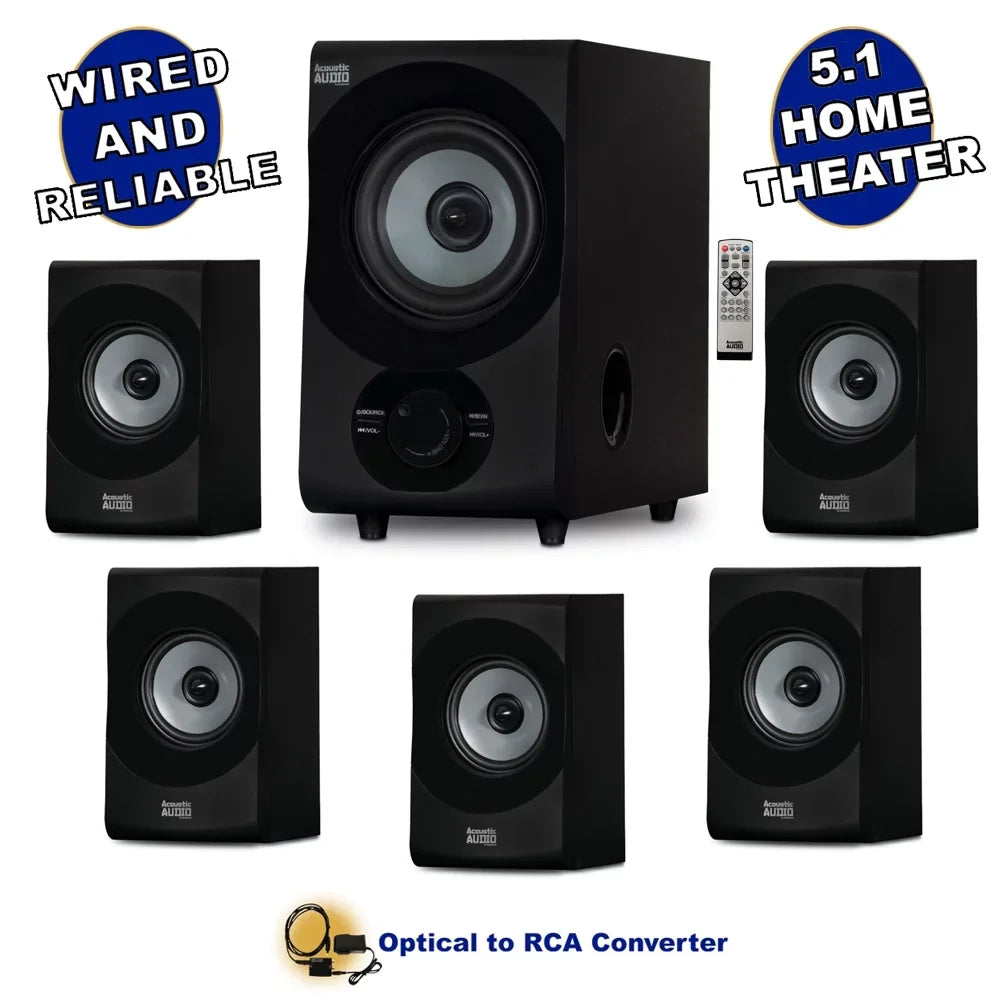 Acoustic Audio AA5172 Home Theater 5.1 Bluetooth Sizepeaker Sizeystem with USizeB and Optical Input