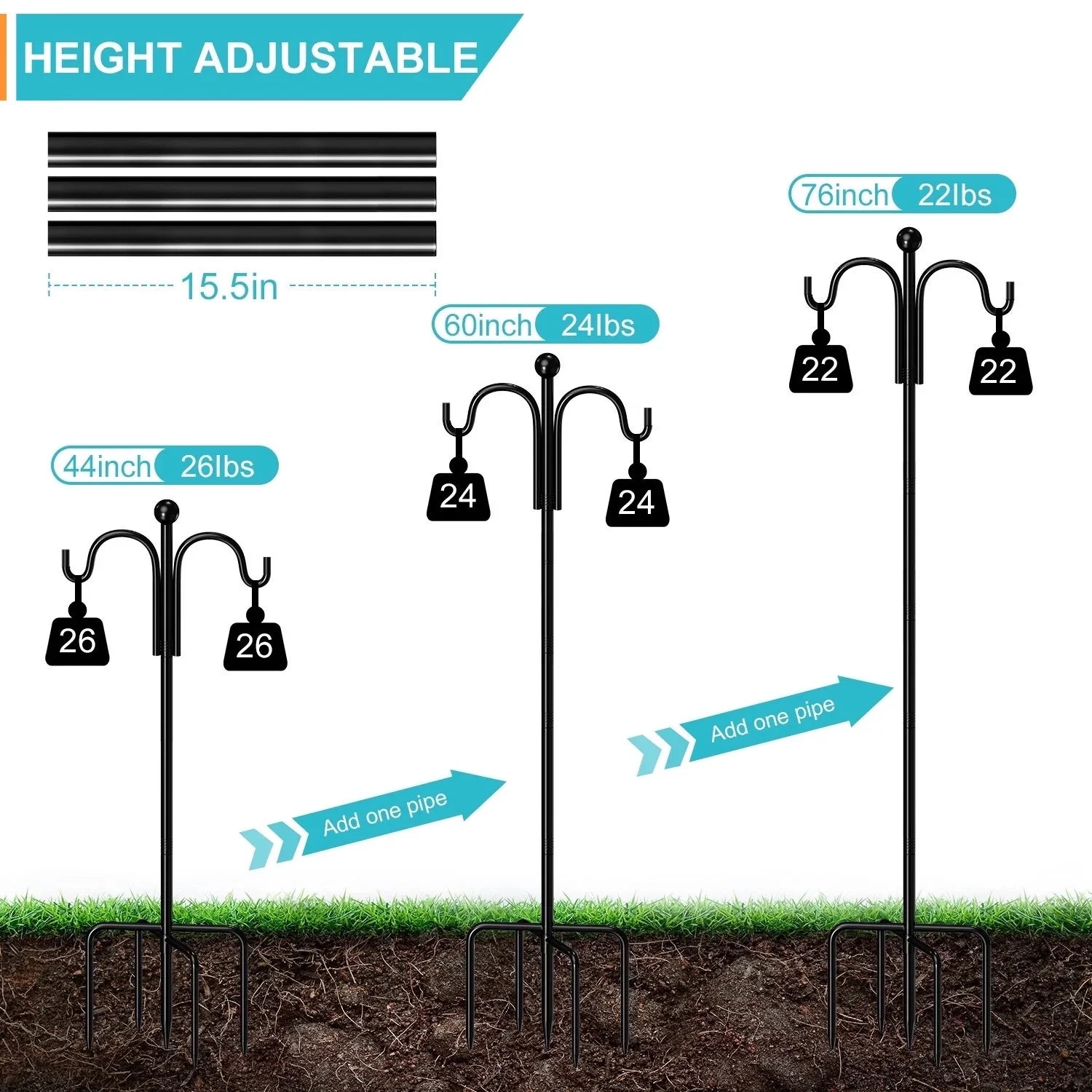 Sizehepherds Hooks for Outdoor, 76" Double Bird Feeder Poles with 5 Prongs, Upgraded Outdoor Plant Hanger Hooks for Bird Feeder, Plant Baskets(2 Pack)