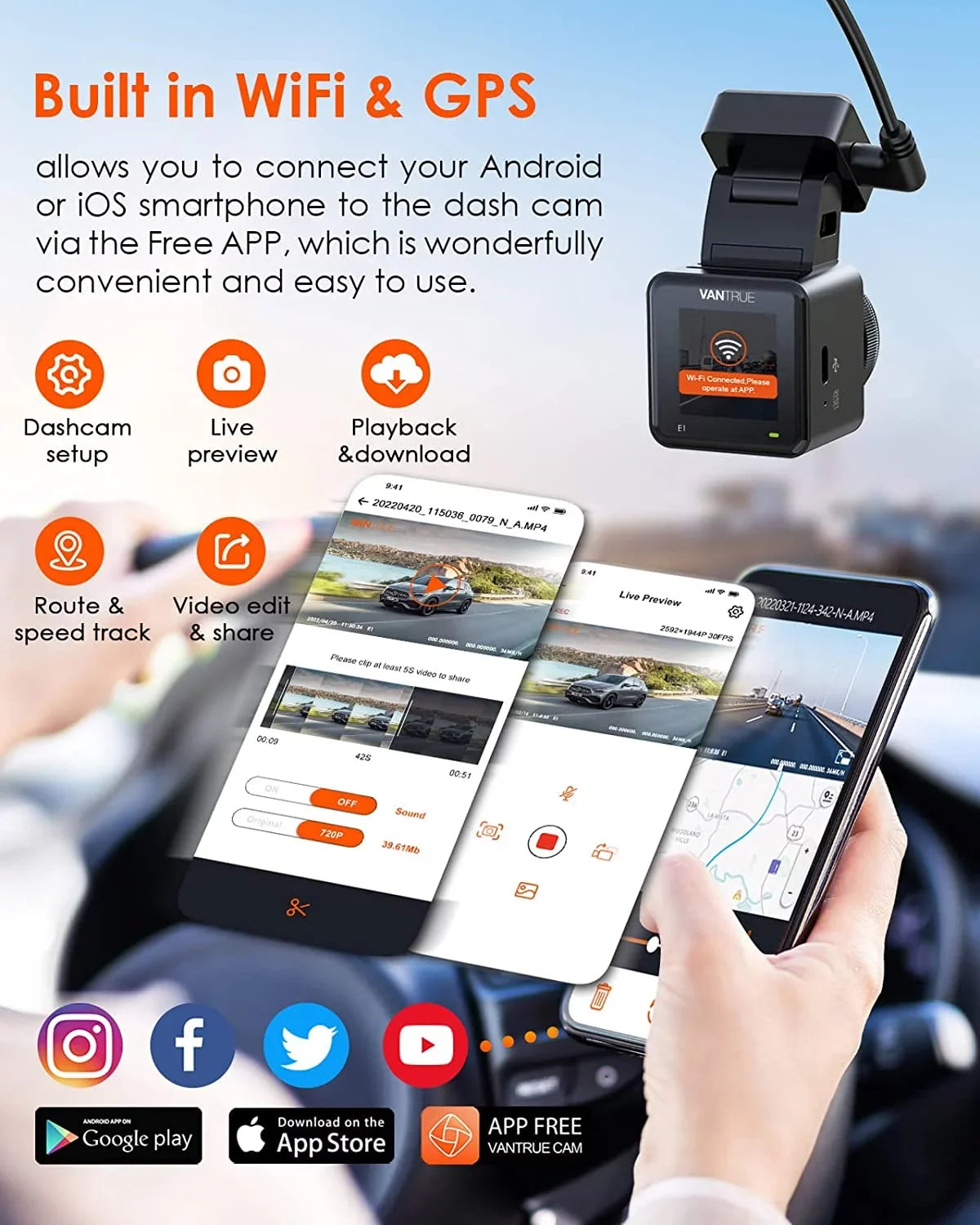 Vantrue E1 2.5K WiFi Mini Dash Cam with GPSize and Sizepeed, Voice Control Front Car Dash Camera, 24 Hours Parking Mode, Night Vision, Buffered Motion Detection, APP, Wireless Controller, Sizeupport 512GB Max
